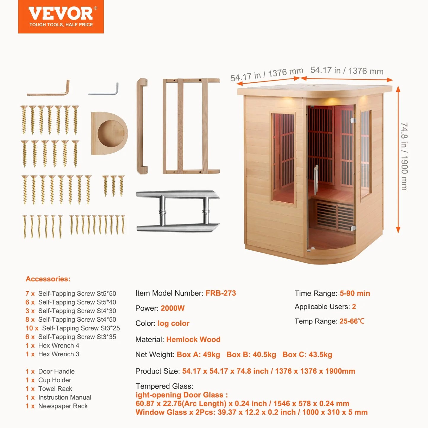 VEVOR Far Infrared Wooden Sauna Room Home Sauna Spa for 2 Person 1850W